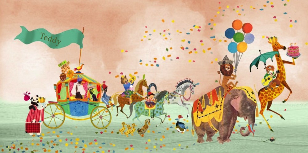 Een heel vrolijk retro geboortekaartje. Een parade met een koets en paarden. De olifant zit een beer op en op de giraffe zit een vos op zijn gitaar te spelen. Muziek maken en veel kadootjes, dat maakt het een vrolijk geheel. Ze zijn onderweg naar de pasge