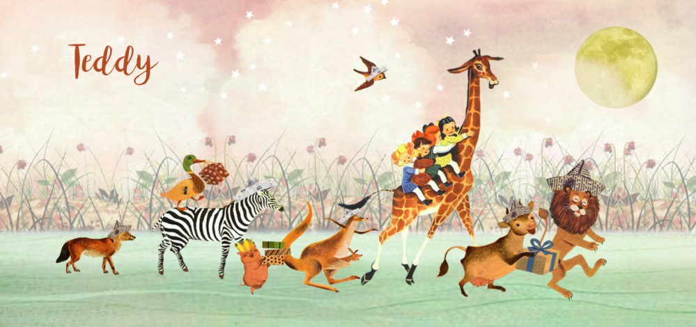 Geboortekaartje retro parade vrolijke dieren