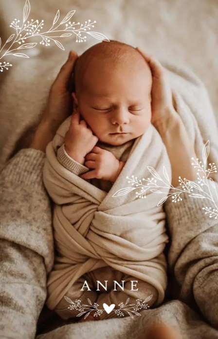 Romantisch foto geboortekaartje met botanische takjes
