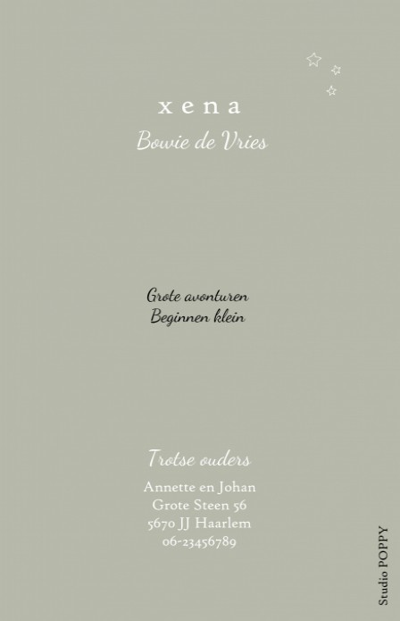 Geboortekaartje met foto avontuurlijk met astronauten en planeten. Een stoer geboortekaartje waarmee je gelijk aan iedereen de baby kunt laten zien! De elementjes met maan in het heelal kun je ook in foliedruk laten drukken.