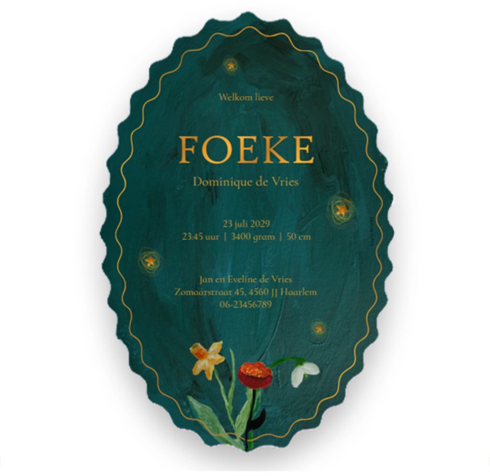 Bijzonder sfeervol en uniek geboortekaartje met handgeschilderde vosjes. Warme kleuren en dromerig thema. Het foliedruk kadertje staat er prachtig bij.