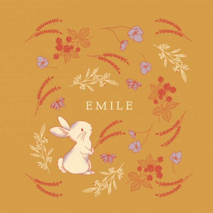 Vierkant geboortekaartje met lijntekening konijn