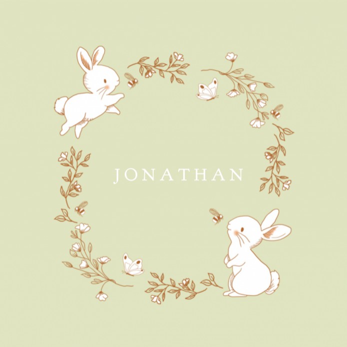 Vierkant geboortekaartje met lijntekening konijn jongen
