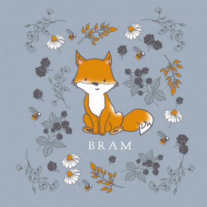 Vierkant geboortekaartje met lijntekening vos jongen