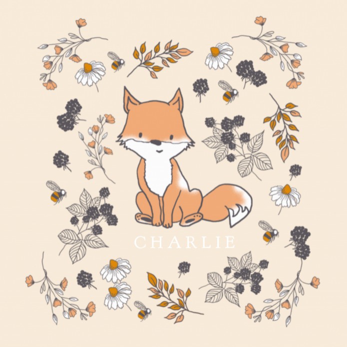 Vierkant geboortekaartje met lijntekening vos meisje