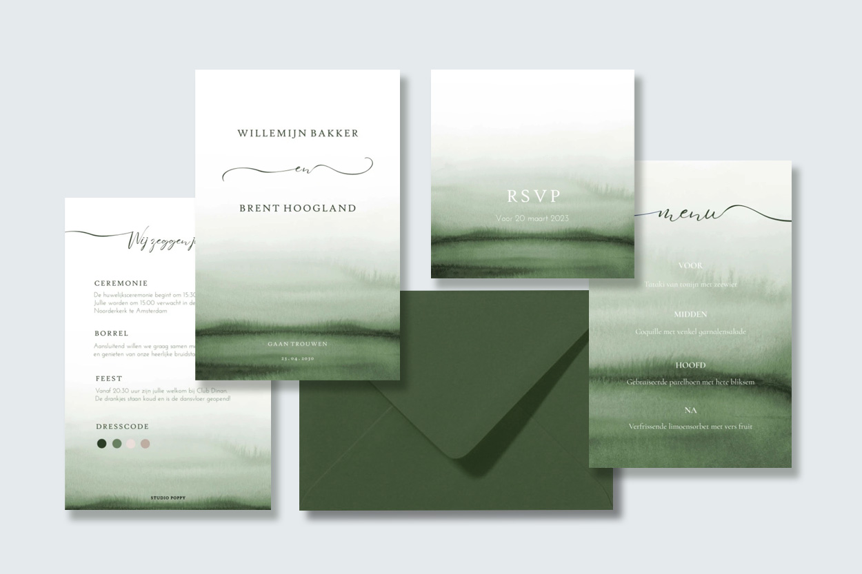 Huisstijl voor een bruiloft met waterverf ombre effect in het groen. Sereen en klassiek met een bijzondere typografie.