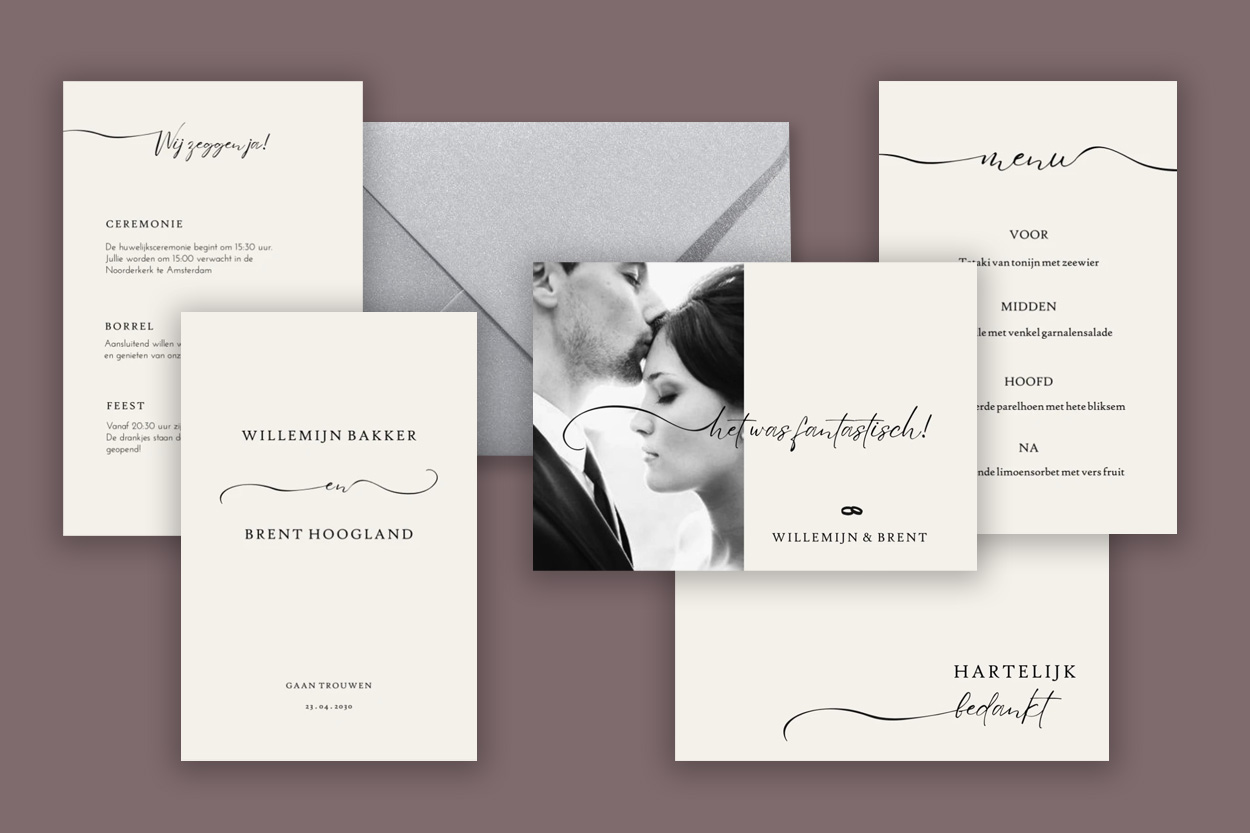Huisstijl voor bruiloft, een trouwkaart, save the date en menukaart in beige en zwart met foto. Prachtig klassiek en romantisch. De typografie van de trouwkaart maakt deze bruiloft huisstijl extra bijzonder.